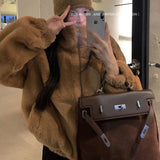 Nukty Chic Women's Faux Fur Coat Thick Warm Women Winter Jacket Furry Artificial Fur Outerwear Zipper Brown Short Jackets