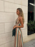 Nukty Women Colorful Printing Crochet Knit Long Dress Sexy Deep V-neck Backless Sleeveless Bodycon Robe Lady Vocation Dresses