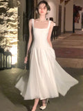 Nukty White Elegant Fairy French Sling Dress For Woman Summer Mesh Ball Gown Square-Collar Slim Fit Skirt Party Evening Dress