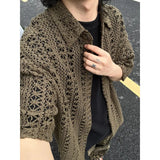 Nukty Fashion Army Green Knitted Hollow out Shirt Men Streetwear Transparent Lapel Short Sleeve Button Camisas Sexy Men Clothing 2XL-M