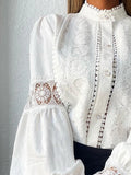Nukty White Lace Blouses Women Elegant Solid Casual Lace and Button Hook Flower Hollow Puff Sleeves Blouse Top Lady Office Shirts