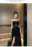 Nukty French Sexy Black Split Sleeveless Dresses Summer New Fashion Spaghetti Strap Slim Female Evening Party Club Dress
