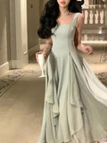 Nukty Ruffles Evening Party Dress for Women Elegant Sleeveless Square Collar A Line Solid Summer Prom Robe Korean Vestidos
