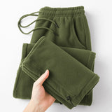 Nukty Double-sided Fleece! Retro Military Green Straight-leg Pants Women Loose Thickened Warm Drawstring Casual Wide-leg Pants Men