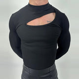 Nukty Autumn Clothing Men's Bodysuits Hollow Out Turtleneck Long Sleeve T Shirt Streetwear Sexy Solid Color Ripped Fashion Basic Shirt