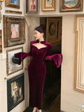Nukty DRESS TO IMPRESS Temperament Dresses Women Hollow Out Flare Long Sleeve French Style Chic Hollow Out Velvet Dress Sexy Vintage Party