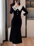 Nukty Women's Velvet Midi Dress Autumn Patchwork Long Sleeve High Waist Mermaid French Vintage Evening Party Prom Robe Vestidos New