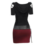Nukty Hooded Winter Dresses  Gothic style Lace Up Slim Waist Belted Long Sleeve Dress Bicolor Slinky Cowl Front Bodycon Dress Cosplay