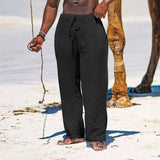 Nukty Summer Cotton Pants Casual Long Fitness Breathable Pants Linen Lightweight Drawstring Yoga Beach Trousers Solid Color Mens Pants