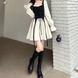 Nukty Spring Autumn Vintage Patchwork Y2k Sweet Kawaii Party Dresses for Women Casual Lace Up Bow Harajuku Long Sleeve Club Mini Dress