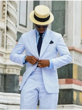 Nukty 2 Pieces  Casual Men Suits Seersucker Stripe Outfits Custom Wedding Groom Tuxedo Costume Homme Peaked Lapel Jacket+Pants
