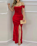 Nukty Women Long Dress Fashion Velvet Off Shoulder Ruffle Hem Split Maxi Dress Roupas Party  Femininas Vestidos De Novia