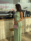 Nukty Women Elegant Round Neck Maxi Dress Fashion Green Sleeveless Bodycon Beach Robes Summer New High Street Vocation Dresses