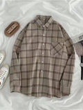 Nukty Vintage Women Plaid Shirts Autumn Long Sleeve Oversize Button Up Tops Korean Loose Casual Fall Outwear Femme Shirts
