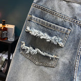 Nukty Korean Fashion Ripped Mens Denim Shorts Vintage Streetwear Summer Casual Straight Shorts Men Brand Clothing Hip-Hop Short Jeans