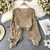 Nukty Bohimian Sweater Women O-neck Lantern Sleeve Tassel Female Causal Crochet Tops Ladies Knitted Hollow Out Sweaters Dropshipping