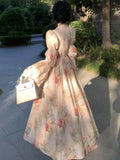 Nukty Autumn Women Painting Printed Long Dress French New Square Collar Lantern Sleeve Midi Dress Casual Lace-up Lady Vestidos Largos
