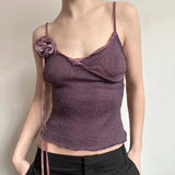 Nukty Vintage Solid Strap Top Retro Floral Stitching Sleeveless Slim-fitting Crop Tops Women Summer Casual Knitted Tees Grunge