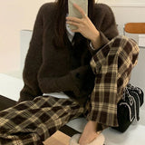 Nukty High Waist Women's Brown Plaid Pants Streetwear Oversize Wide Leg Checkered Trousers Woman Loose Y2K Retro Sweatpants Mujer