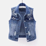 Nukty Denim Women Vest Luxury Pearls Fashion Ripped Autumn Plus Size Jeans Jacket Sleeveless Loose Short Coat Causal Waistcoats
