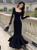 Nukty Autumn Sexy Black Mermaid Party Dress for Women Square Collar Long Sleeve Slim Bodycon Vestidos Elegant Streetwear Long Robe