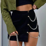 Nukty Gothic Skirt Irregular Chain Mini Skirt Woman Fashion Y2k Clothes Autumn Winter Streetwear Solid High Waist Black Skirt