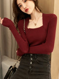 Nukty Women Sweater Pullover Long Sleeve Top Square Collar Casual Fashion Women's Jumper Sexy Knitted Sweater Women Pullover Tops