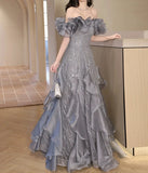 Shiny Grey Evening Dresses Tiered A-line Boat Neck Flounce Strap Long Wedding Celebration Birthday Party Prom Gown
