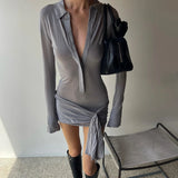 Nukty Turn-down Collar Long Sleeve Solid Bandage MIni Dress Y2K Casual Slim Dress Chic Fall Streetwear Party Women's Clothing