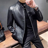 Nukty New Men Leather Jacket Classic Slim Fit Motorcycle PU Leather Jacket Solid Color Standing Collar Men Large Black Leather Jacket