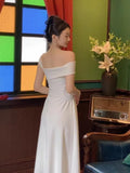 Nukty Women Elegent White Party Prom Midi Dress Summer New French Female Sexy Fashion Slim Off Shoulder Pleated Clothes Vestidos