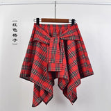 Nukty Summer Casual Retro Irregular Women Skirt Bow-knot Elastic Waist Shirt Style Blue White Lattice Mini A-line Shortskirt Female