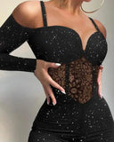 Nukty Women's Jumpsuit Autumn Fashion Glitter Cold Shoulder Sexy Contrast Lace Plain Long Sleeve Skinny Party Corset Jumpsuit