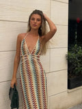 Nukty Women Colorful Printing Crochet Knit Long Dress Sexy Deep V-neck Backless Sleeveless Bodycon Robe Lady Vocation Dresses