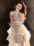Nukty DRESS TO IMPRESS Sparkling Mermaid Evening Dress Sleeveless Halter Beaded V-Neck Short Cocktail Party Gown Elegant Tulle Trailing Wedding Dresses