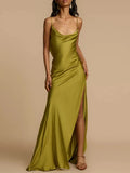 Nukty Women Summer Slit Suspender Satin Dress Sexy Backless Holiday Beach Green Maxi Dress Slim Female Sleeveless Solid Dresses