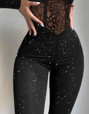 Nukty Women's Jumpsuit Autumn Fashion Glitter Cold Shoulder Sexy Contrast Lace Plain Long Sleeve Skinny Party Corset Jumpsuit