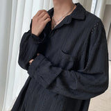 Nukty Shirts for Men Hollow Out Lapel Men Blouse Vacation Sexy Handsome Fashion Men Clothing Mesh Long-sleeved Shirts Black/Apricot