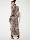 Nukty Leopard Print Long Sleeve Sexy Maxi Dress For Women Autumn Winter Fashion Elegant Turtleneck Printed Bodycon Long Dress