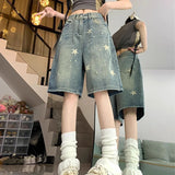 Nukty Y2K Star Printed Denim Shorts Women Fashion High Waist Wash Knee Length Jeans Bf Summer Streetwear Loose Wide Leg Pants