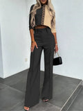 Nukty Elegant Women Letter Print Two Piece Sets Autumn O Neck Short Top & Wide Leg Pants Outfits Office Lady Casual Streetwear Suits