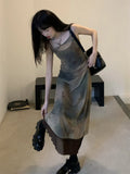 Nukty Vintage Double-Layer Mesh Printed Maxi Dresses For Women Grunge Gothic Spaghetti Strap Vestidos Korean Style Sheer Dress