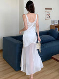 Nukty Elegant Satin Party Dress for Women French Mesh Patchwork Bodycon Mermaid Evening Dresses Summer Midi Vestidos Female Clothing
