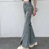 Nukty American Split Jeans Women Pink Bandage High Waist Irregular Spliced Denim Pants Zipper Fly Trousers Y2k Pantalon Femme