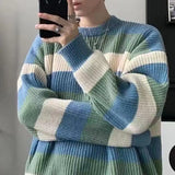 Nukty Comfortable Men Sweater Men's Striped Colorblock Knitted Sweater Thick Warm O Neck Pullover for Fall Winter Soft Long Sleeve