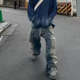 Nukty RO Style Gradient Ribbons Multi-pockets Drawstring Jeans for Men Harajuku Streetwear Baggy Y2K Denim Trousers Oversized Cargos
