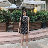 Nukty Sweet Plaid Sleeveless Mini Dress Women Korean Preppy Style Lapel Waist Slim A-line Y2k Dresses Casual Chic Vestidos