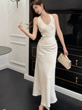 Nukty Elegant Satin Solid Women's Dresses Sexy Halter V-neck  Female Clothing Formal Occasion New Sleeveless Evening Party Long Dress