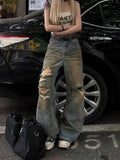 Nukty Blue Womens Jeans High Waist Vintage Y2K 2000s Summer Denim Pants Ripped Streetwear American Wide Leg Baggy Denim Trouser