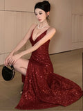 Nukty Sexy Slim Evening Gown Luxury Dresses Women's Backless V-Neck Split Maxi Dress Fashion Robe Birthday Party Spring Autumn New